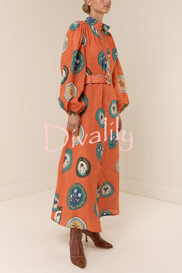 Linen Blend Unique Print Belted Single-breasted Casual Maxi Dress