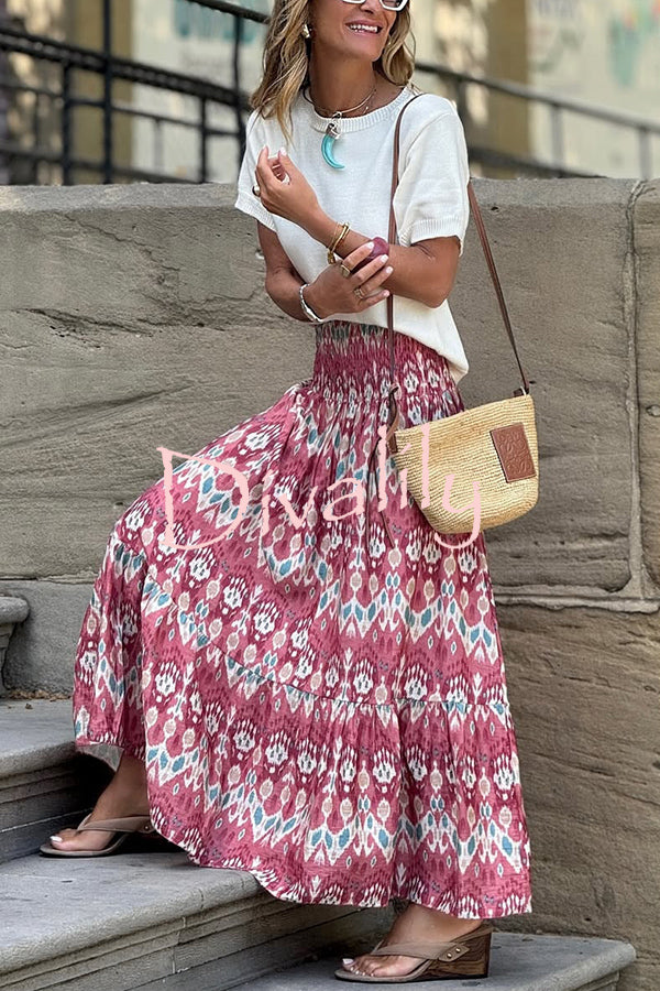 Resort Style Unique Print Pleated Elastic Waist Maxi Skirt