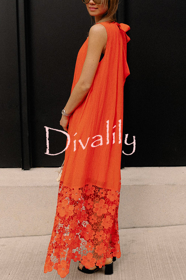 Breezy Comfort Tie-up Neck Sleeveless Floral Lace Hem Maxi Dress
