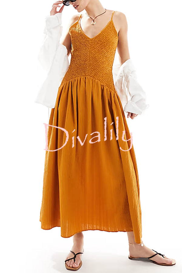 Fashionable V-neck Patchwork Smocked Sleeveless Suspender Midi Dress