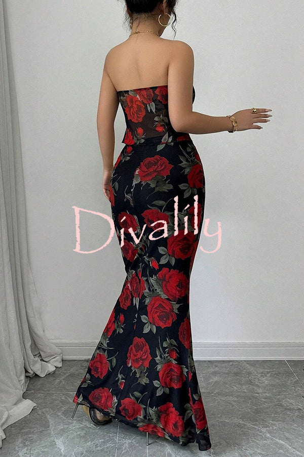 Floral Print Sexy Bandeau Lace-up Top and Slim Mesh Stretch Maxi Skirt Set