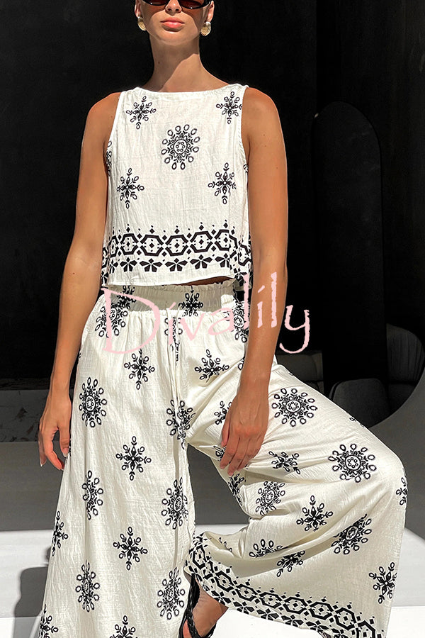 Unique Printed Round Neck Sleeveless Button Top and Elastic Waist Pocket Wide Leg Pants Set