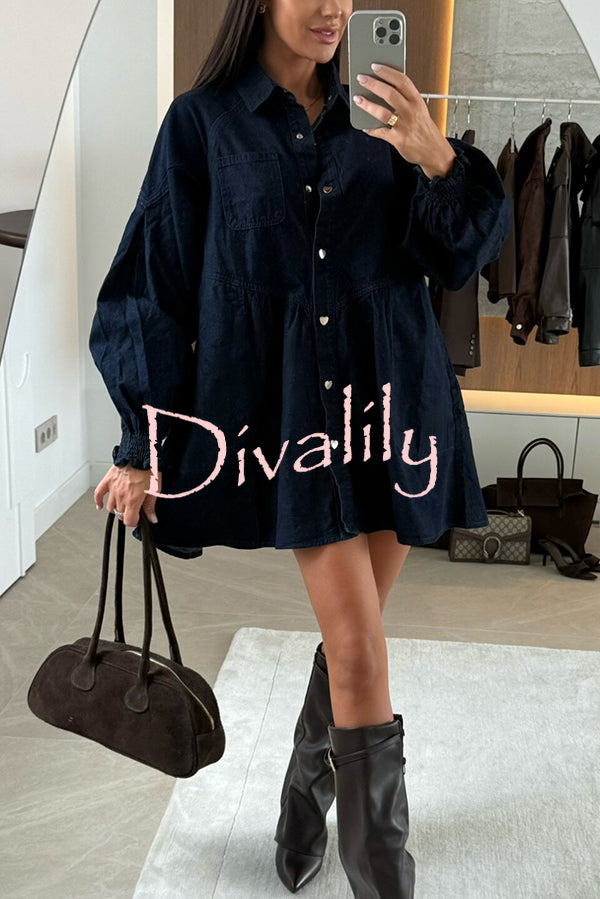 Fashion Heart Button Long Sleeve Casual Pocket Denim Mini Dress