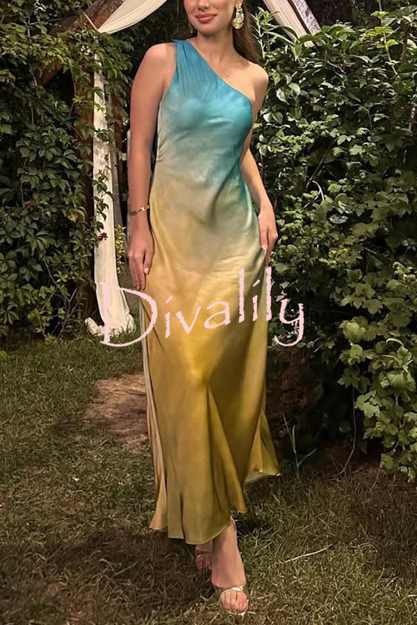Satin Ombre One Shoulder Backless Fitted Maxi Dress