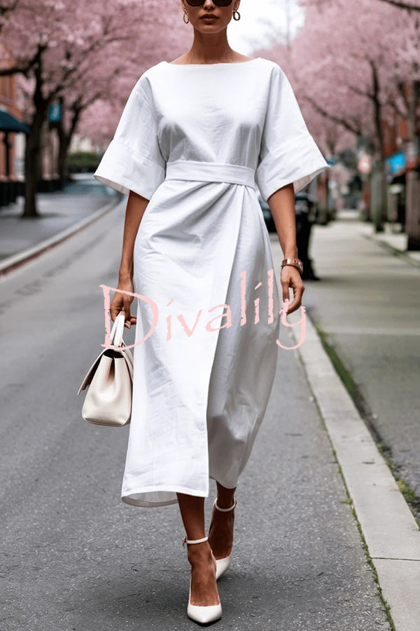 Solid Color Round Neck Half Sleeve Casual Waist Midi Dress