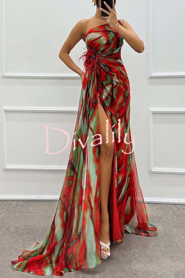 Amazing Views Watercolor Print Feather Rose Detail Off Shoulder Pleated Slit Maxi Dress