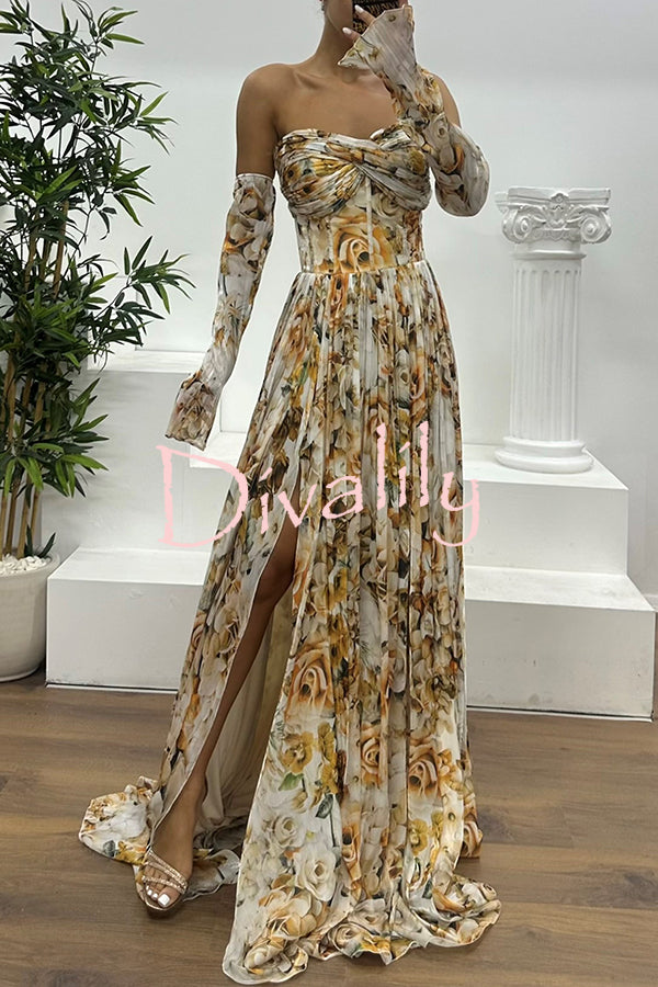 Reina Chiffon Floral Print Pleated Bodice Split Sleeve Strapless Slit Maxi Dress