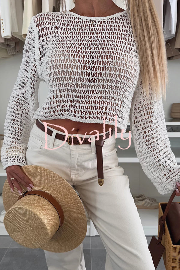 Fashion Knitted Hollow Long Sleeve Round Neck Holiday Cover Up
