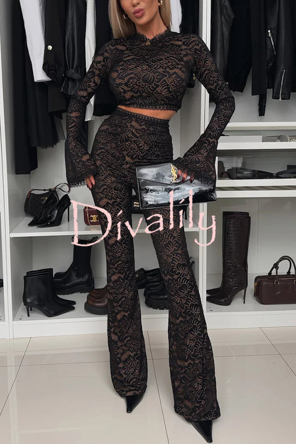 Sexy Charming Lace Bell Sleeve Crop Stretch Top and High Waist Stretch Flared Pants