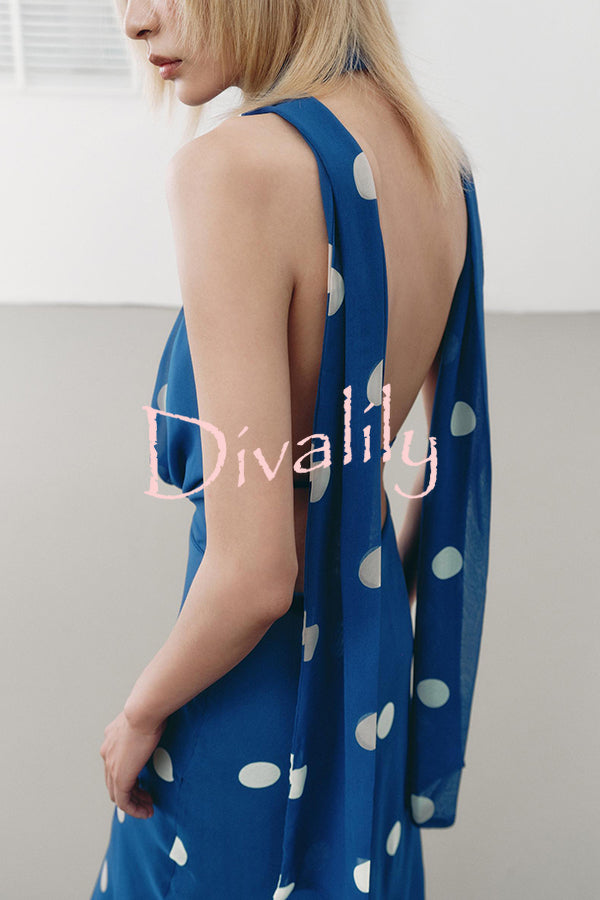 Fashion Polka Dot Print Sexy Halter Neck Backless Maxi Dress