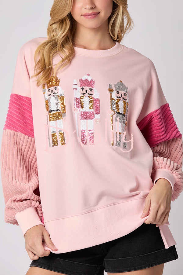 Christmas Nutcracker Sequined Patchwork Sleeve Color Block Sweatshirt