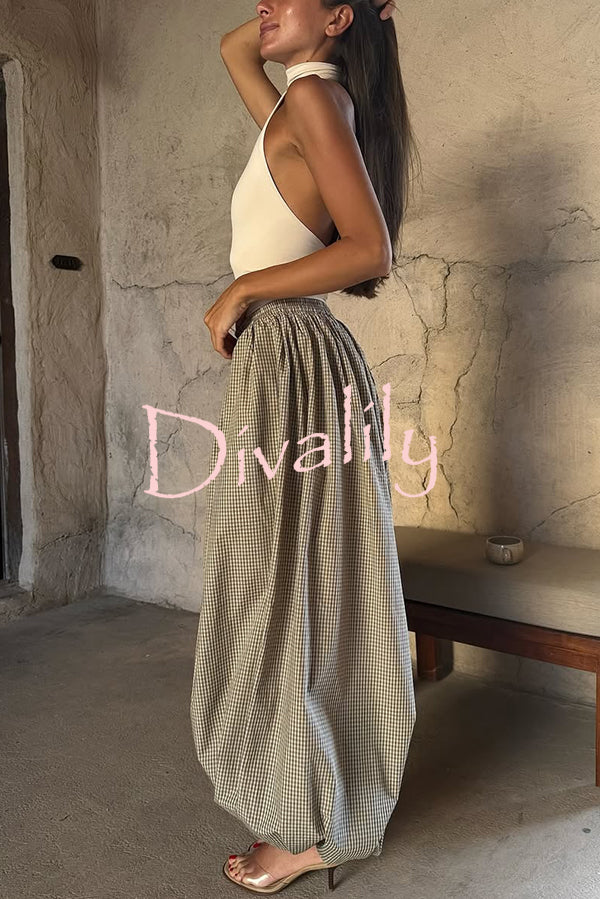 Fashion Plaid Print Elastic Waist Pocket Loose Wide-leg Pants