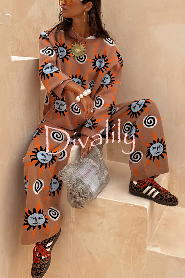 Mediterranean Art Knit Unique Sun Vortex Print Elastic Waist Wide Leg Pants