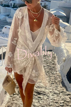 Beach Elegance Floral Lace Long Sleeve Wrap Tie-up Vacation Mini Dress