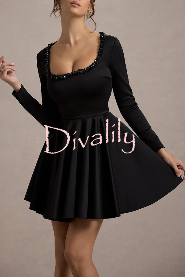 Playful Elegance Pearl Embellished Trim Long Sleeve Pleated Mini Dress