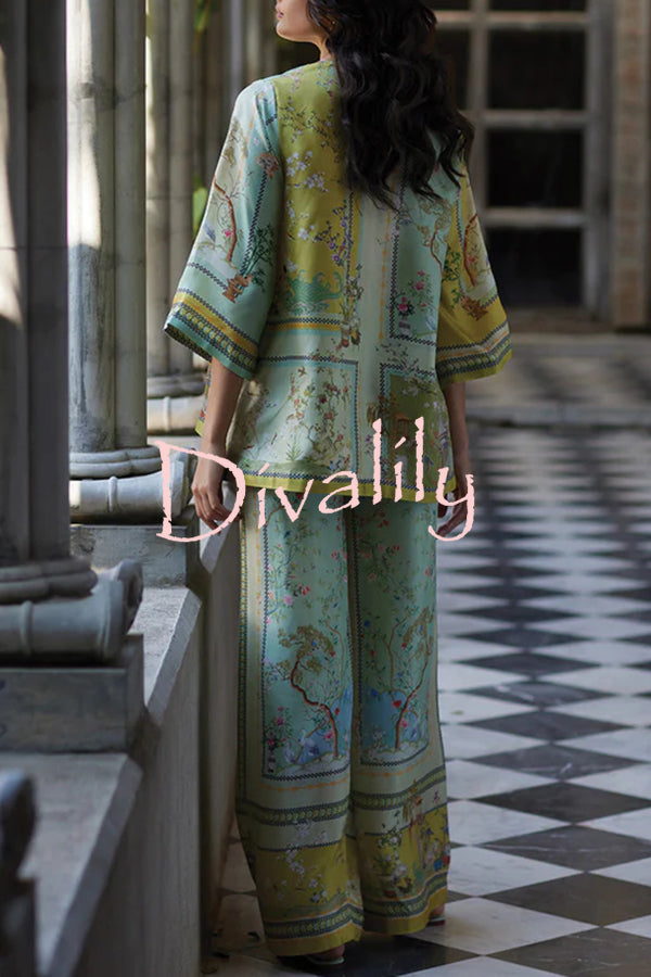 Elonie Satin Floral Print V-neck Half Sleeve Top and Elastic Waist Wide Leg Pants Set