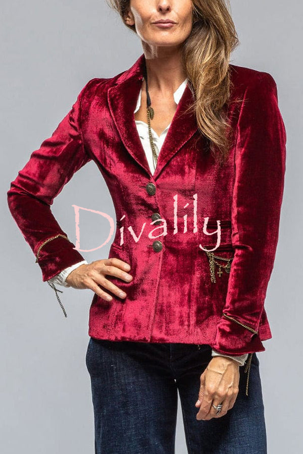 Vintage Gold Velvet Long Sleeve Pocket Blazer