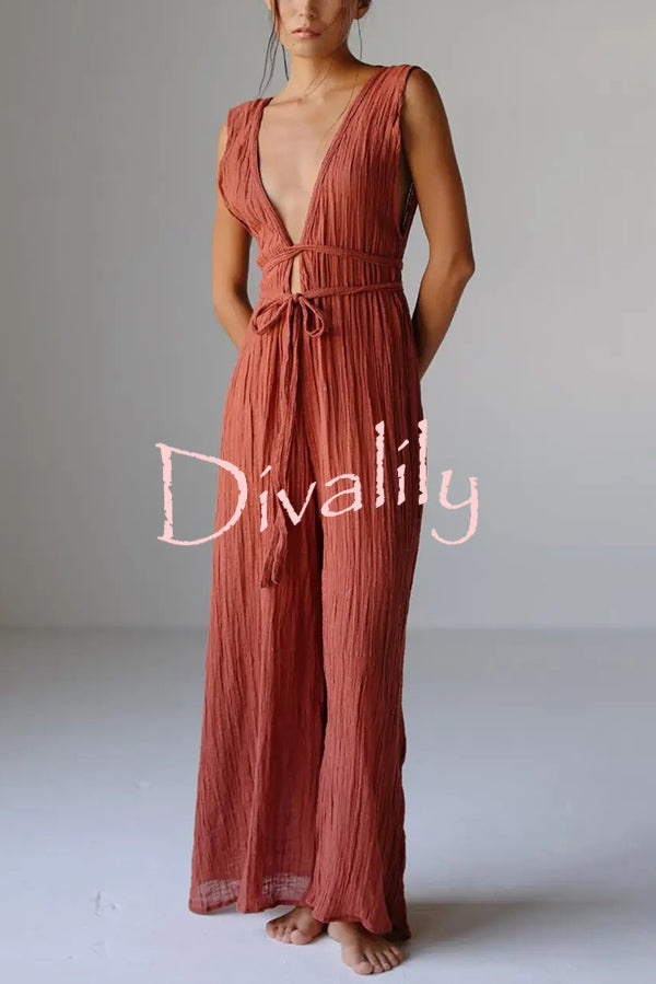 Resort Style V-neck Tie Pleated Casual Jumpsuit