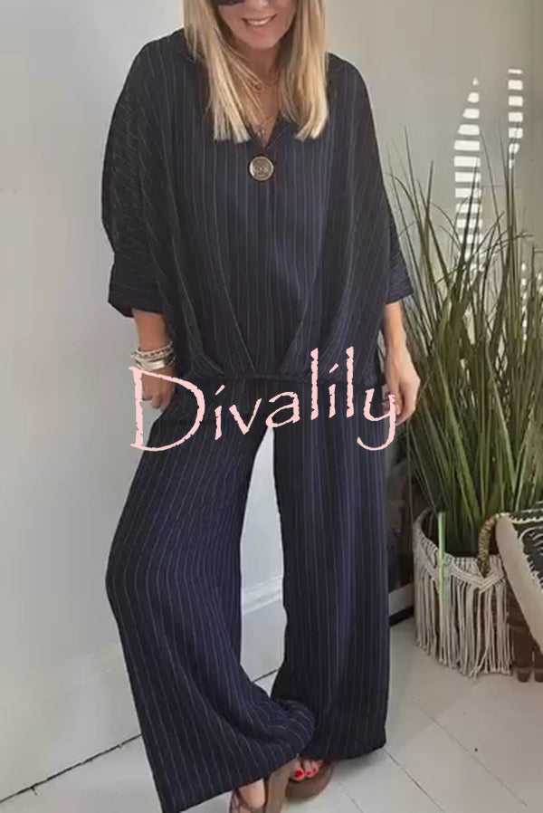 Fashion Striped Print Lapel Loose Top and Elastic Waist Casual Wide-leg Pants Set
