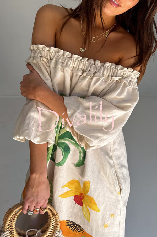 Sunveil Linen Blend Unique Print Puff Sleeve Pocket Strapless Maxi Dress