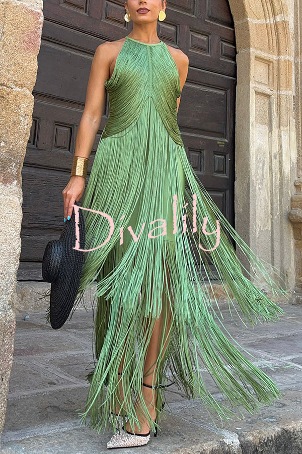 Fashion Sleeveless Halter Neck Elegant Tassel Slim Maxi Dress