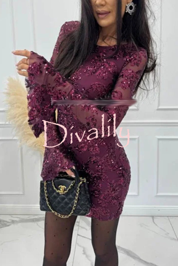 Deep and Dazzling Floral Texture Sequin Long Bell Sleeve Open Back Mini Dress