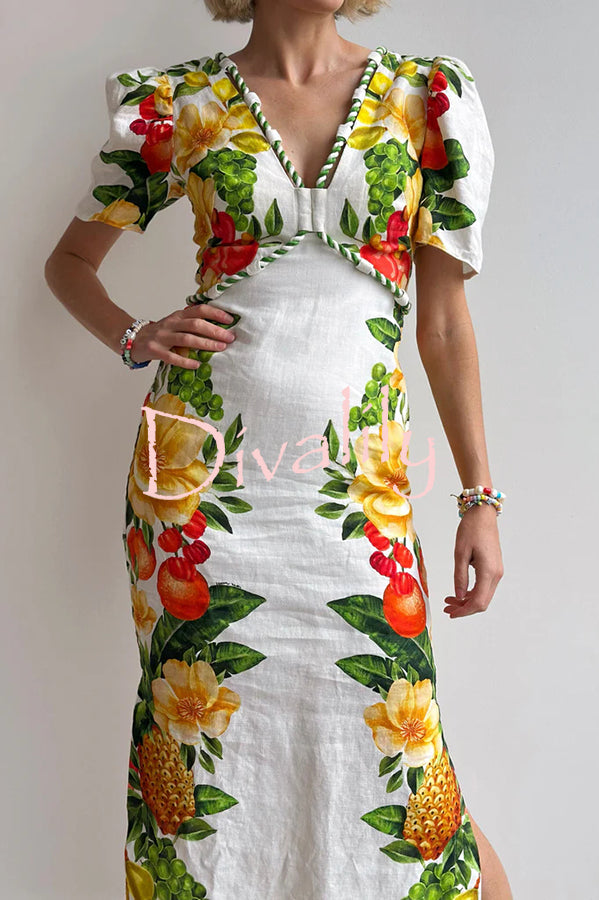 Picnic Flowers Linen Blend Floral Print Puff Sleeve Braided Rope Trim Maxi Dress