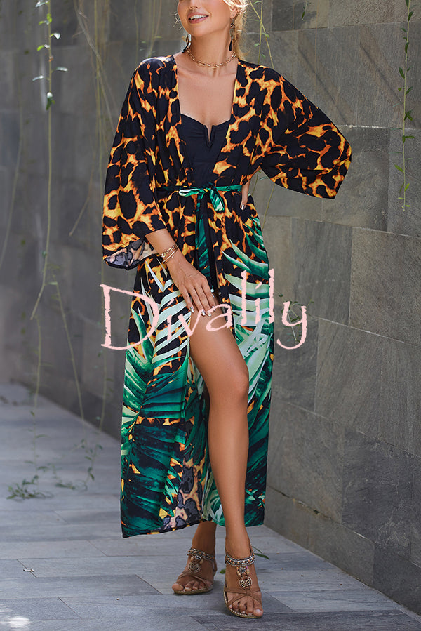 Unique Print Loose Lace Up Holiday Maxi Cover Up