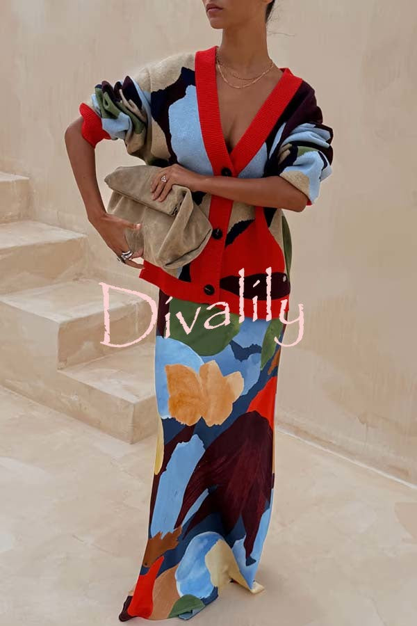 Bright and Bold Knit Abstract Color Blocks Button Long Sleeve Loose Cardigan