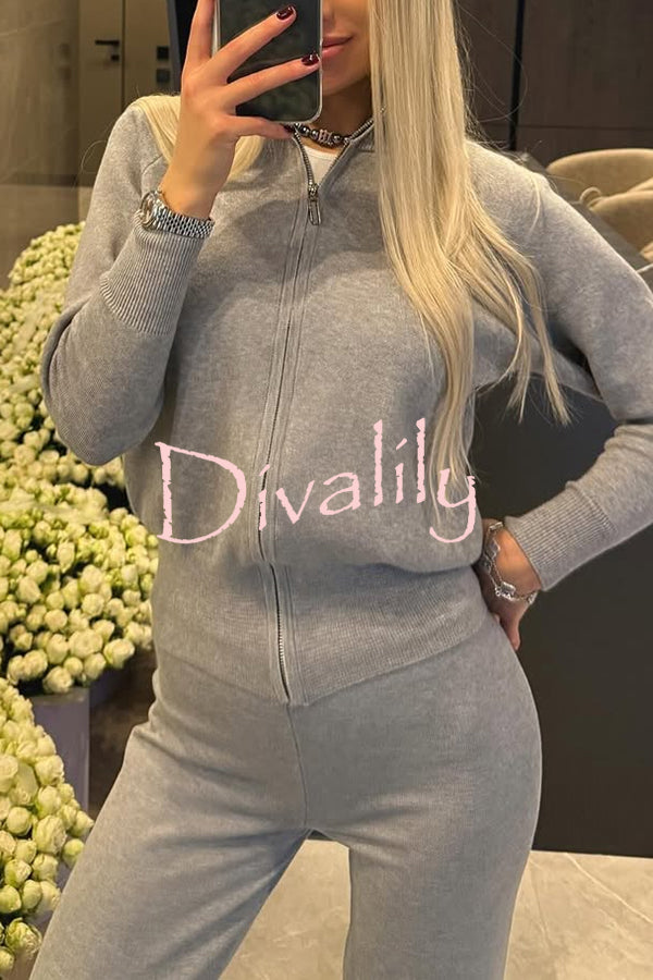 Cozycore Knit Zipper Long Sleeve Cardigan and Stretch Wide Leg Pants Set