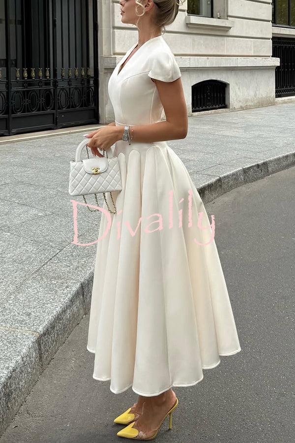 Solid Color V-neck Waist Elegant Full Hem Maxi Dress