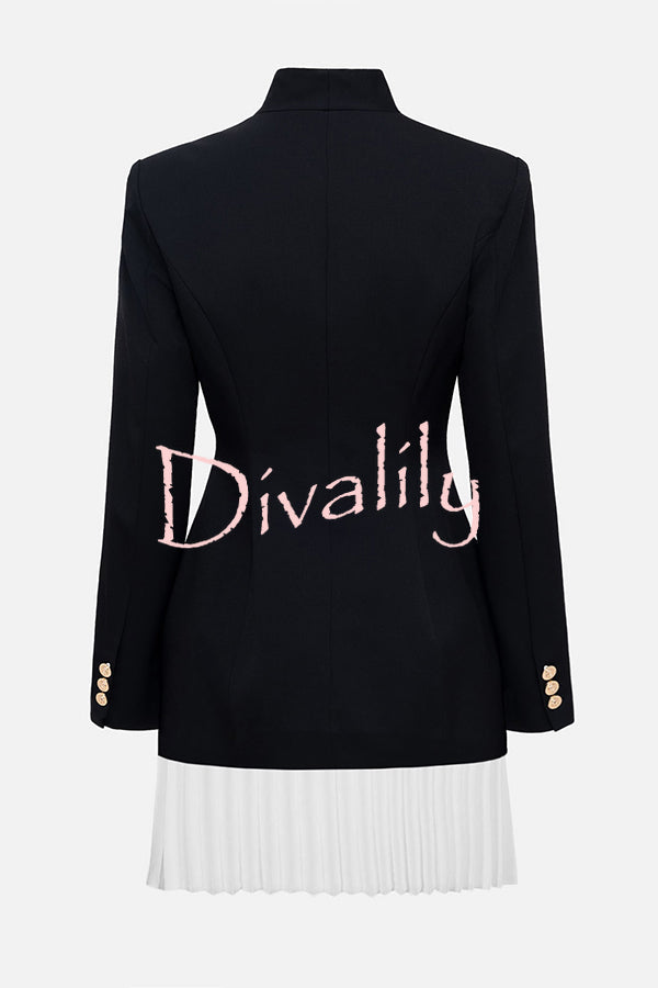 Fashionable Contrast Color Elegant Long Sleeve Pleated Suit Mini Dress