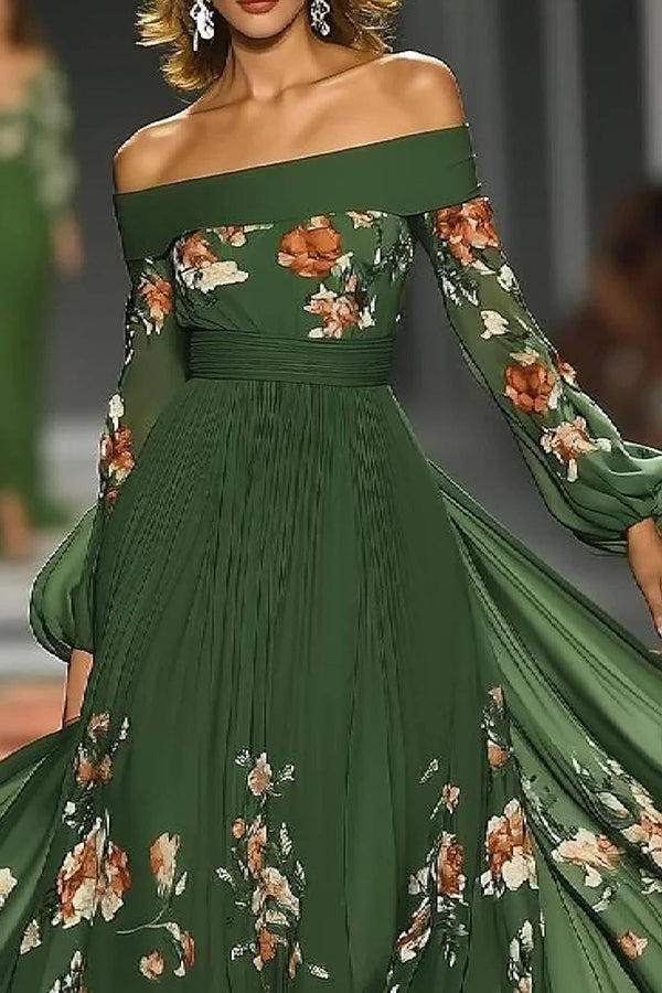 Floral Print Elegant Off-shoulder Fitted Waist Maxi Dress