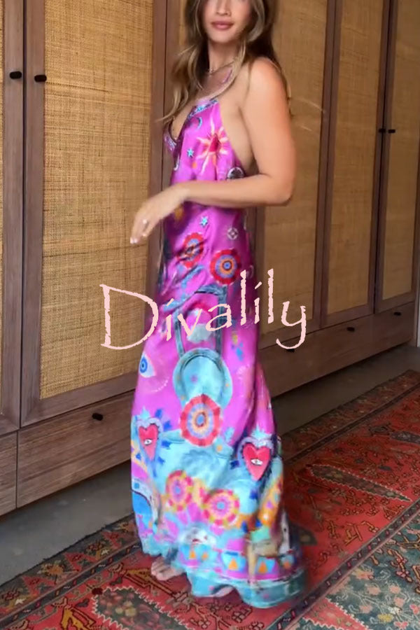 Effortless Chic Satin Unique Print Back Chain Detail Slip Maxi Dress