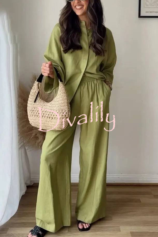 Solid Color Loose Casual Shirt and Elastic Waist Pocket Wide Leg Pants Set