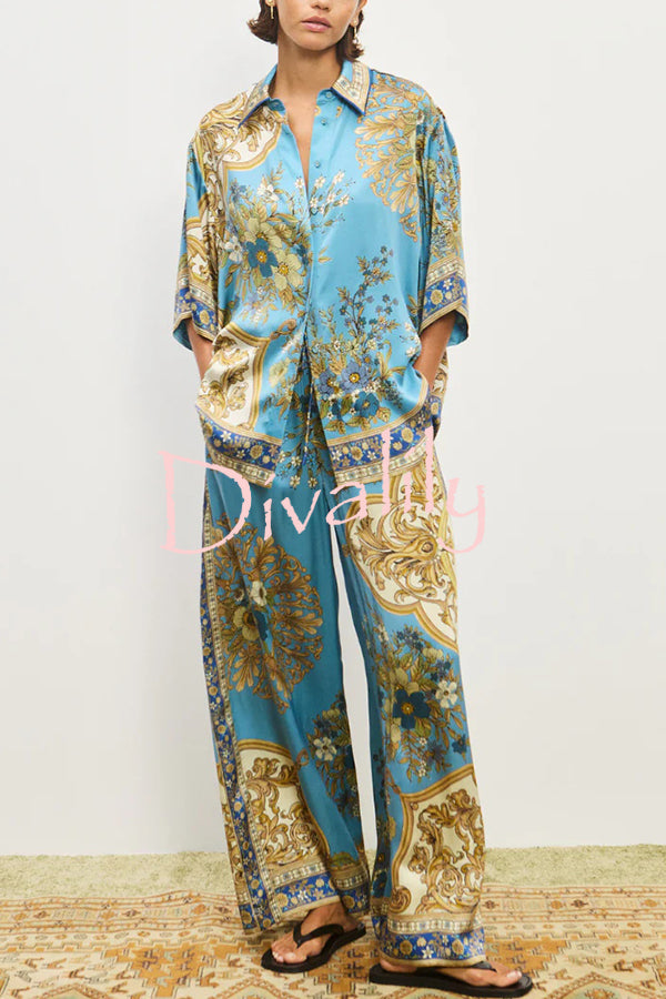 Satin Floral Print Loose Shirt and Elastic Waist Pocket Casual Wide-leg Pants