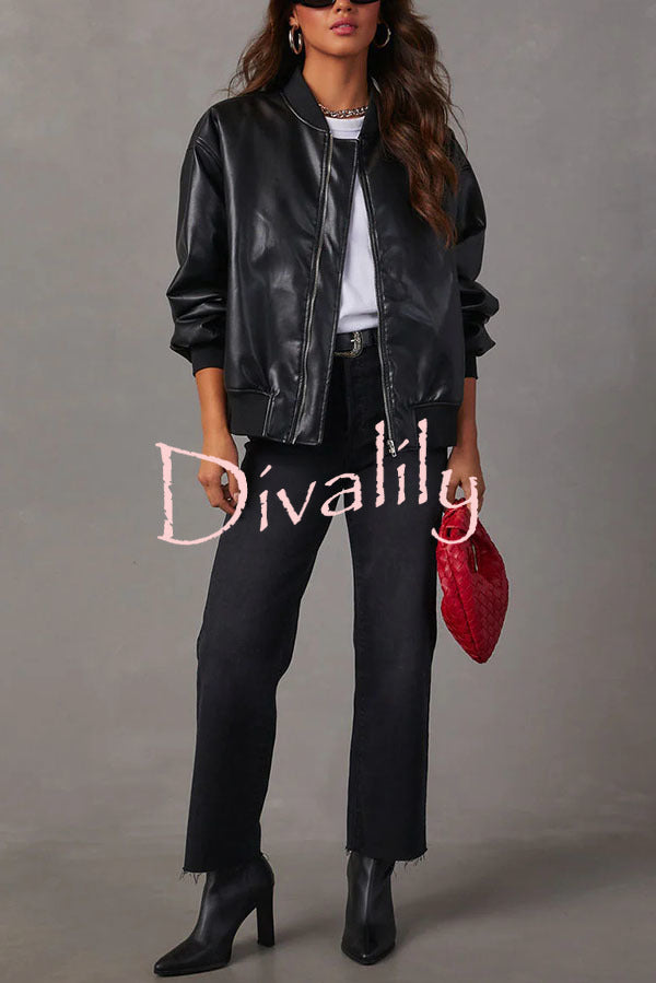 Solid Color Long Sleeve Loose Pocket Leather Jacket