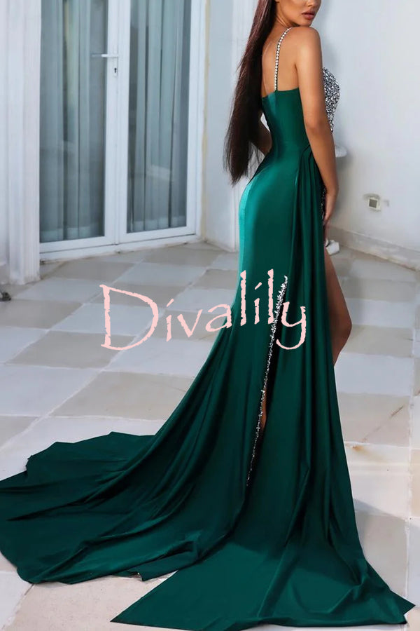 Adelynn Sequin Patchwork One Shoulder Ruched Slit Prom Maxi Dress