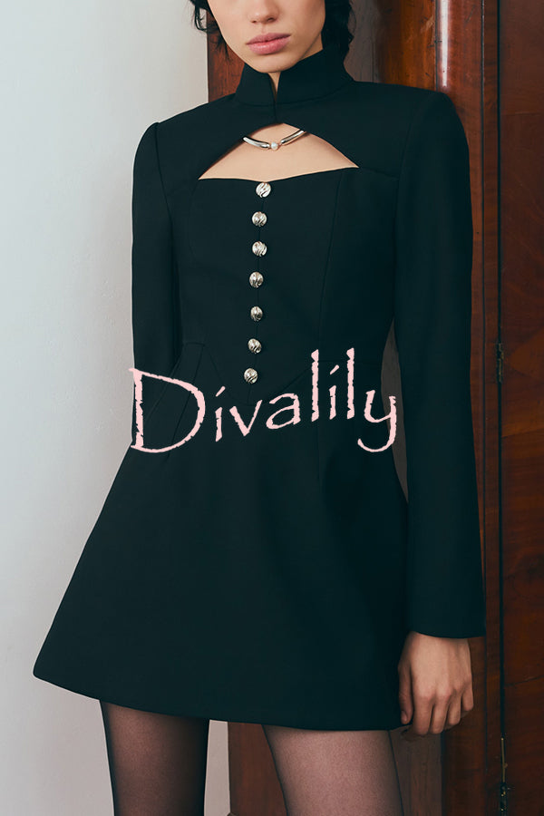 Elegant Long-sleeved Hollowed-out Button-down Slim-fit Mini Dress