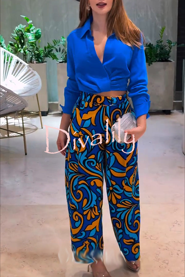 Ocean Heart Linen Blend Printed Ruched Hem Blouse and Belted High Rise Pocket Loose Pants Set