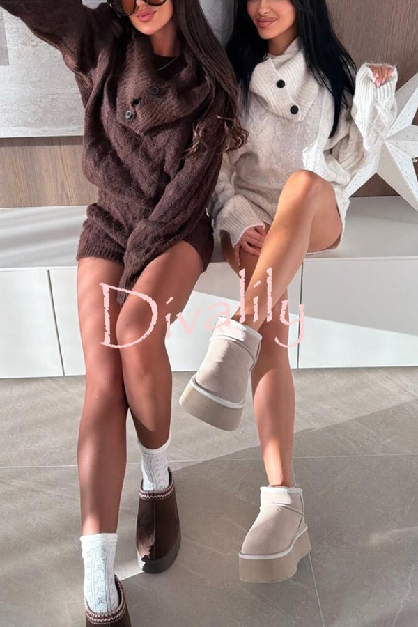 Diviano Cabble Knit Button Scarf Long Sleeve Sweater and Stretch Mini Shorts Set（3 Pieces）