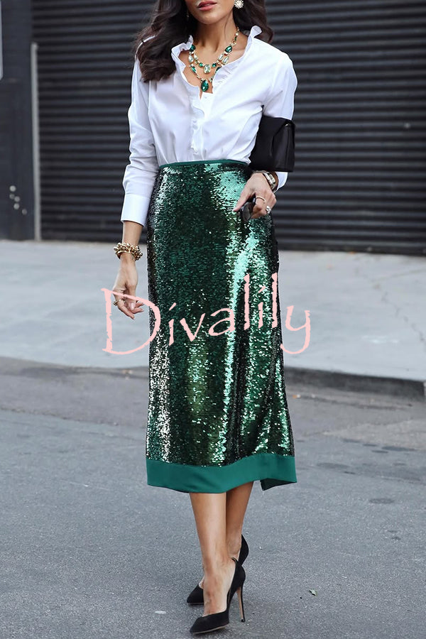 Shimmer Scene Sequin Patchwork Hem High Rise Slit Pencil Midi Skirt