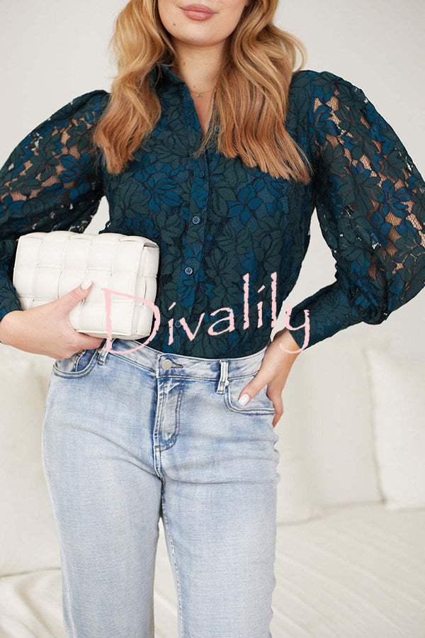 Sexy Hollow Lapel Casual Lace Shirt Top