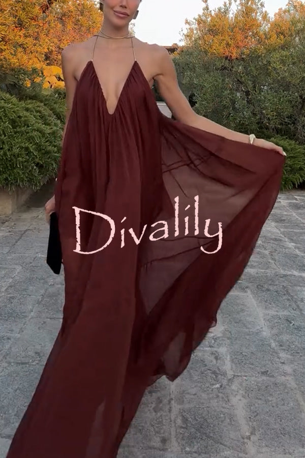 Flowing Lightweight Chiffon Chain Halter Neck Detail Backless A-line Maxi Dress
