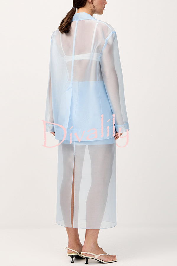 Simple and Light See-through Fabric Mid Rise Pencil Slit Midi Skirt