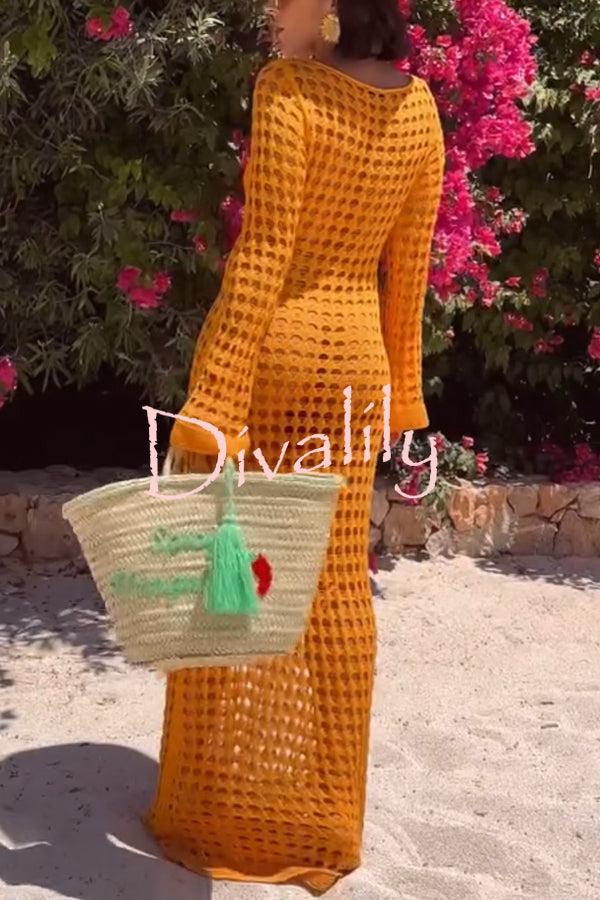 Sunny Beachside Crochet Knit Hollow Out Long Sleeve Cover-up Maxi Dress