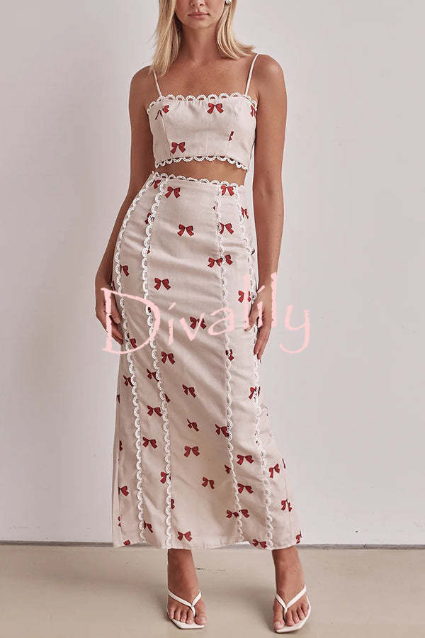 Rosa Linen Blend Bow Print Scallop Lace Trim Crop Tank and High Rise Slit Skirt Set