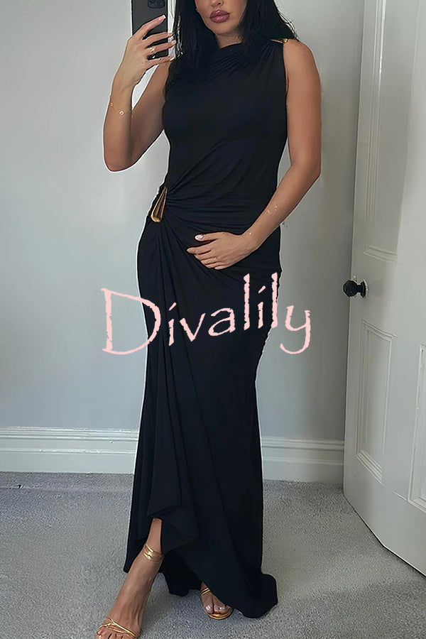 Fashionable Metallic Embellishments Pleated Sleeveless Slim-fit Maxi Dress
