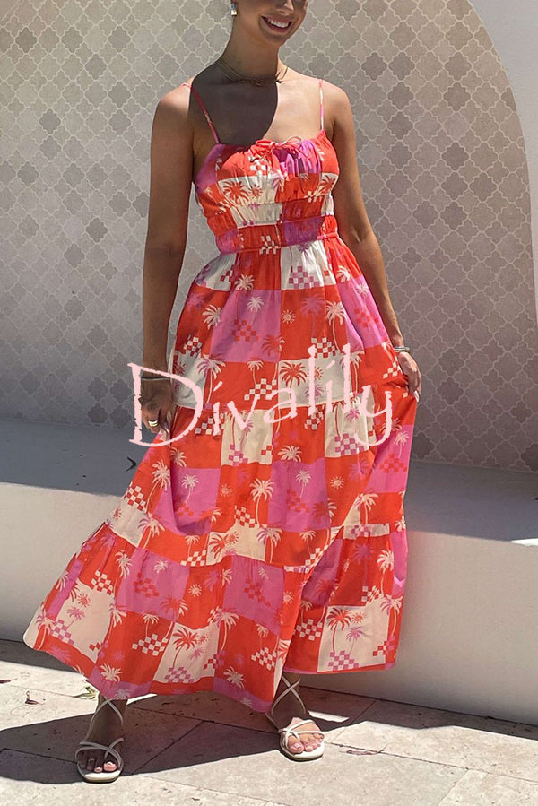 Resort Style Printed Suspender Pleated Loose Maxi Dress