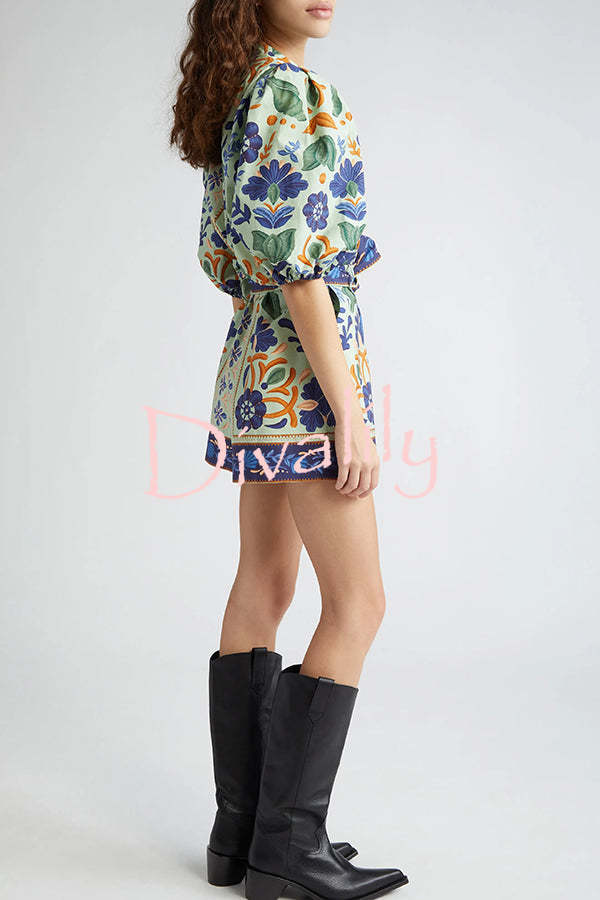 Elouise Linen Blend Unique Print Button Puff Sleeves Tie-up Pocketed Romper